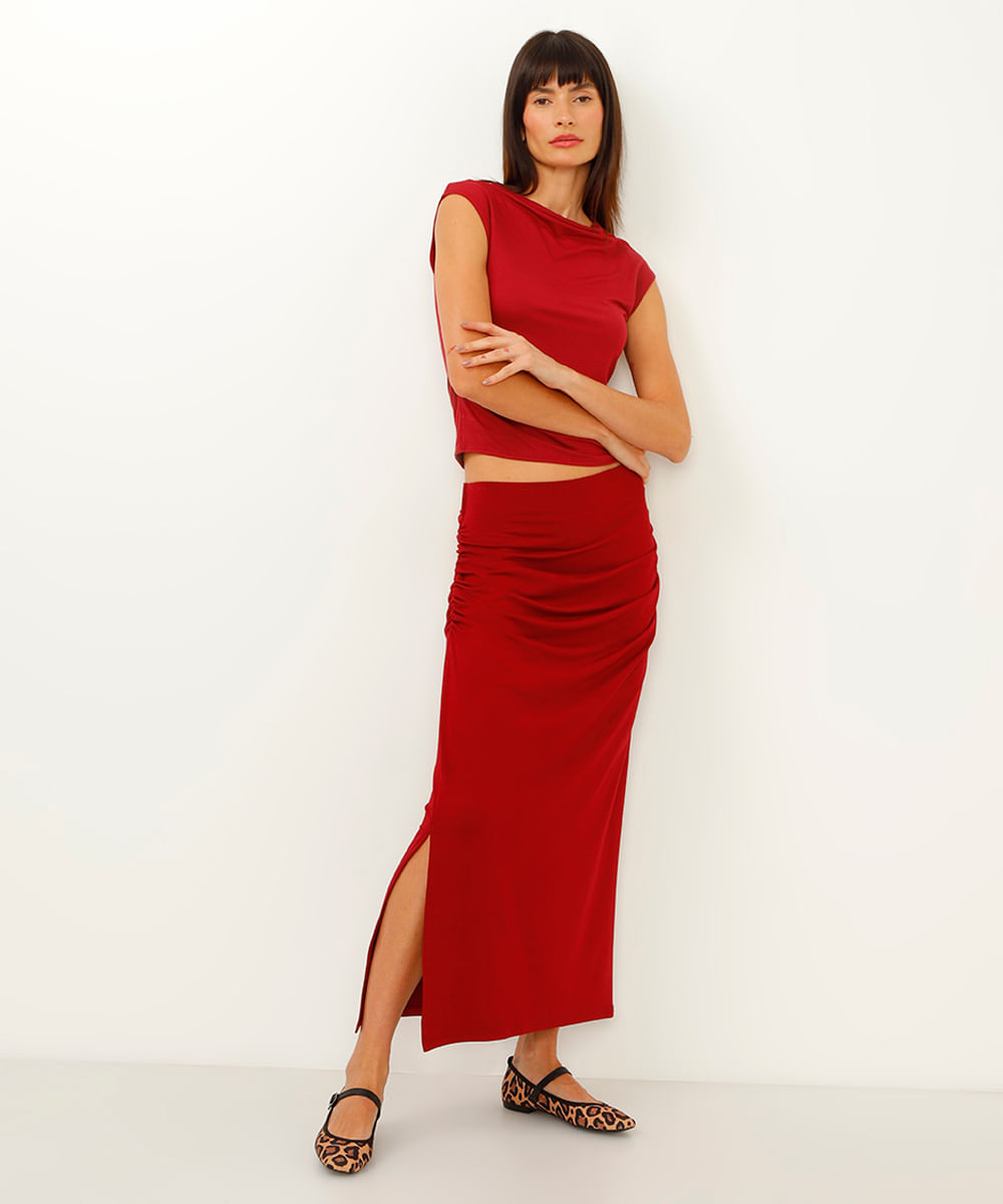 saia de viscose midi lateral franzida vinho