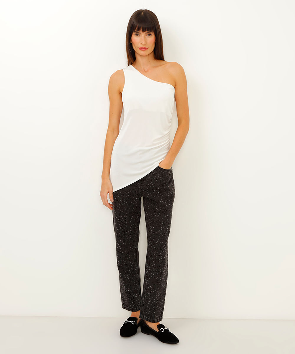 calça jeans mom com brilho cintura alta preta