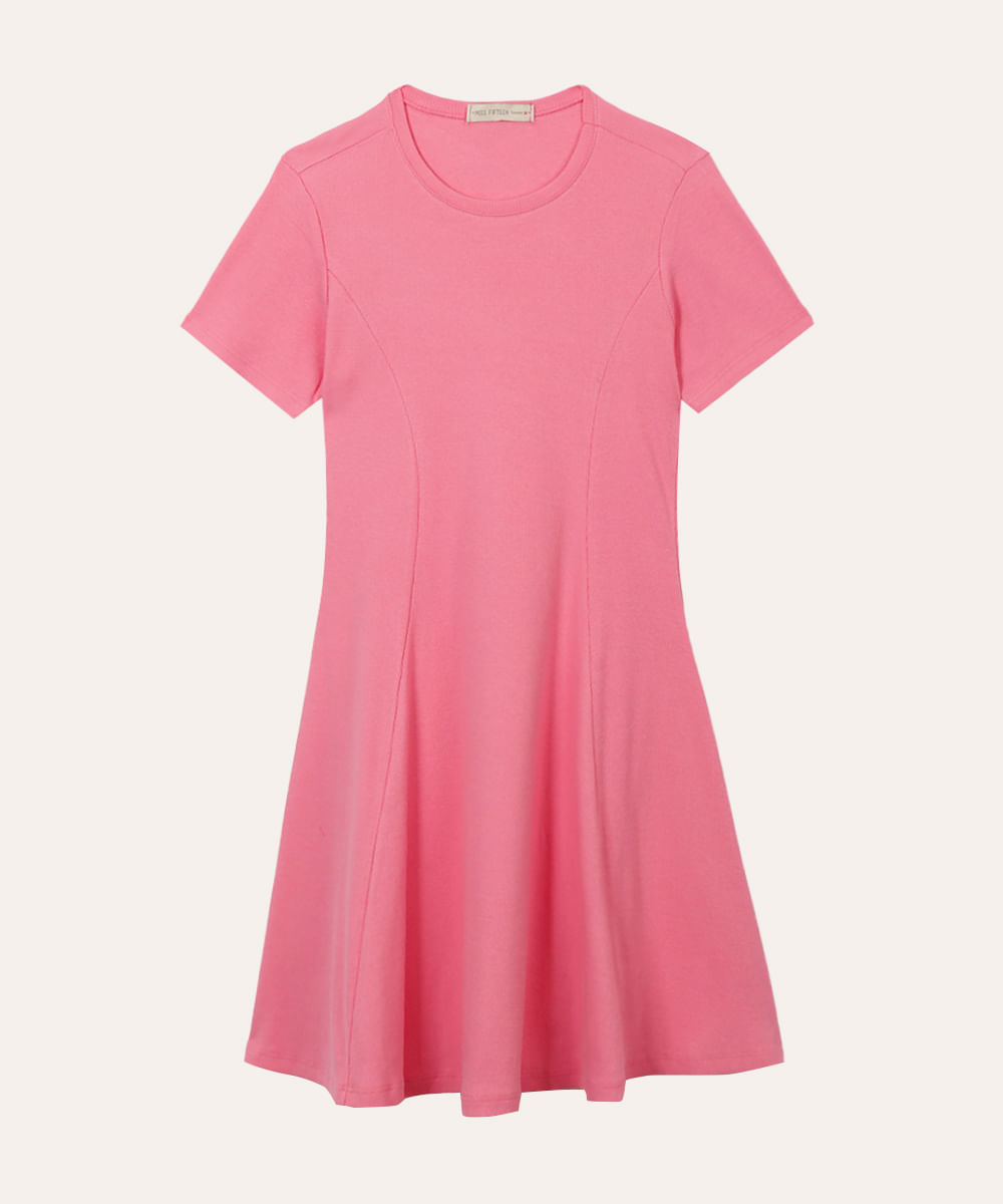 vestido de algodão juvenil evasê manga curta rosa