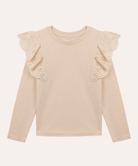 blusa de algodão infantil com babado de laise bege
