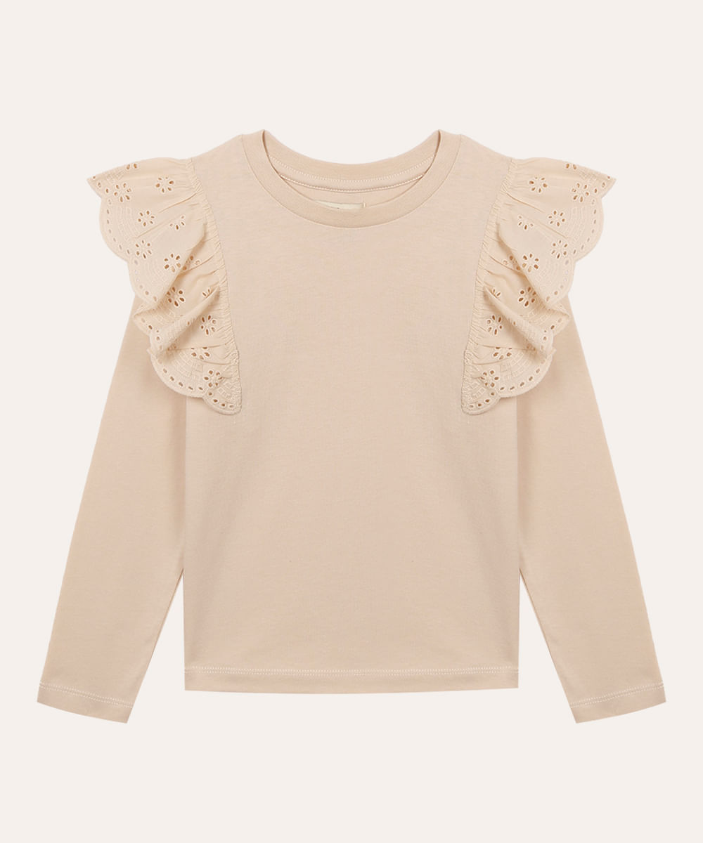 blusa de algodão infantil com babado de laise bege