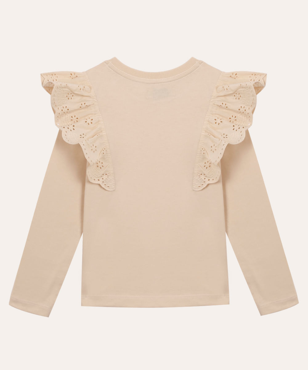 blusa de algodão infantil com babado de laise bege