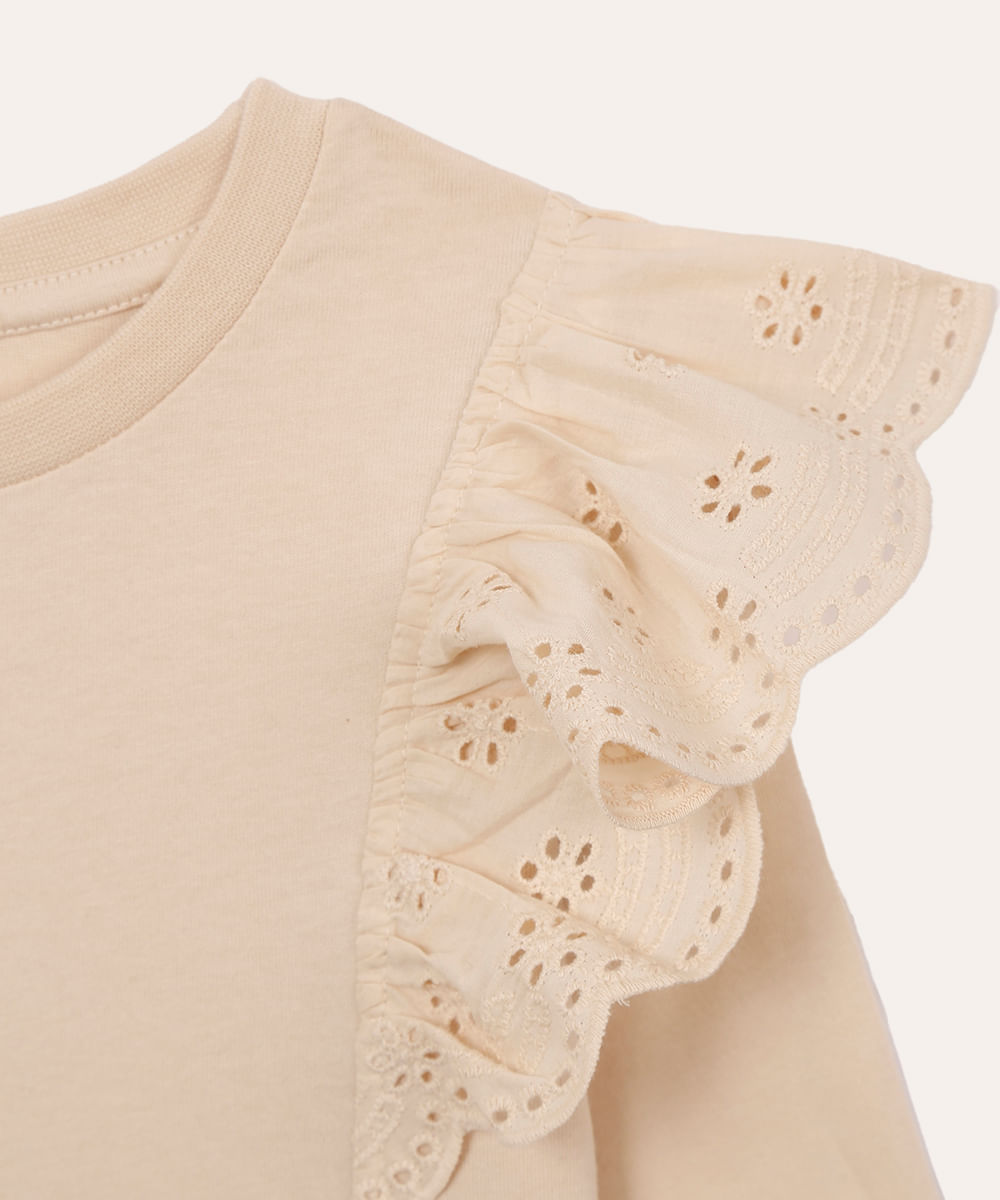 blusa de algodão infantil com babado de laise bege