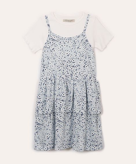 vestido infantil floral com babado e blusa sobreposta azul