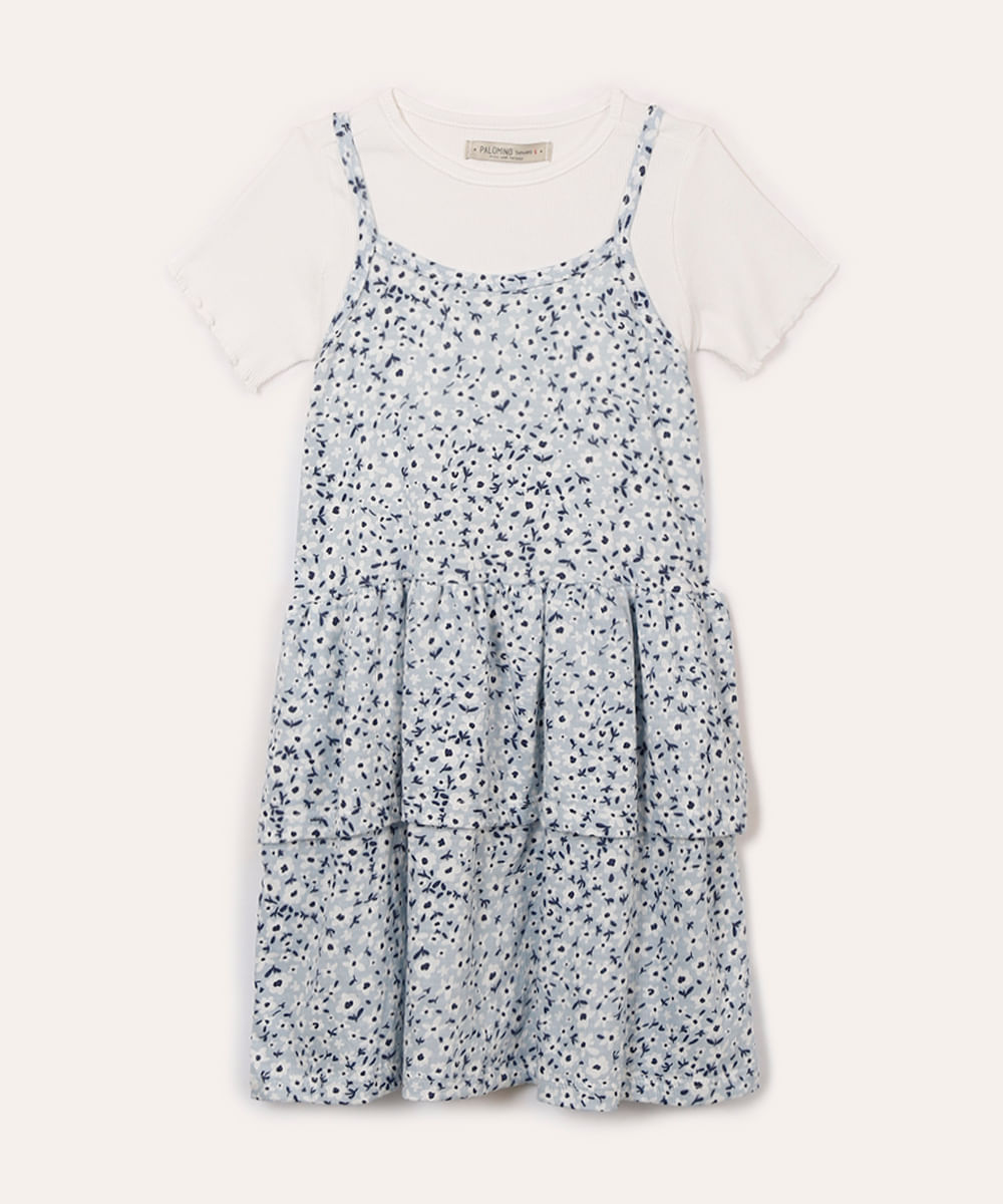 vestido infantil floral com babado e blusa sobreposta azul