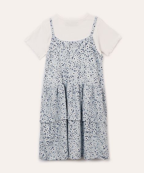 vestido infantil floral com babado e blusa sobreposta azul
