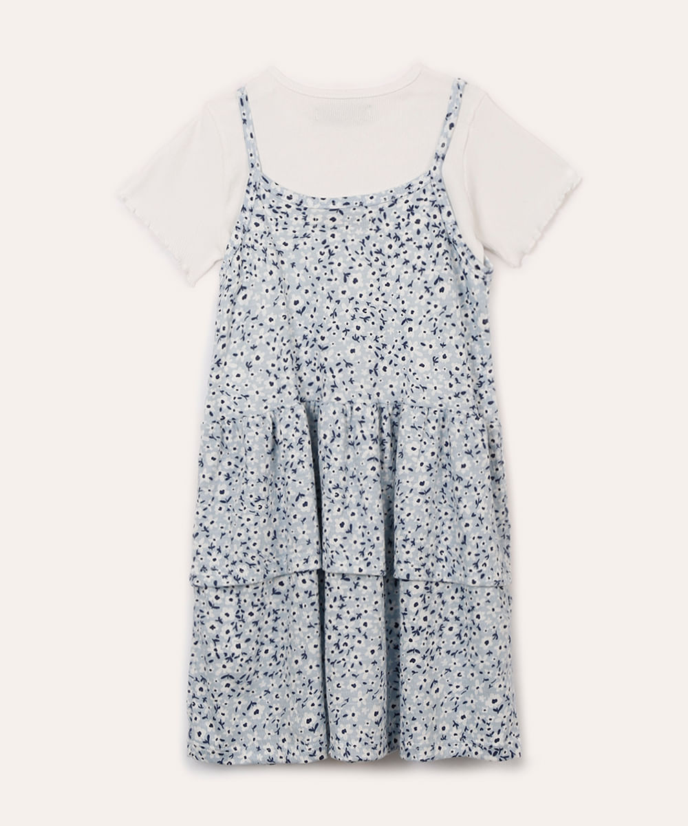 vestido infantil floral com babado e blusa sobreposta azul