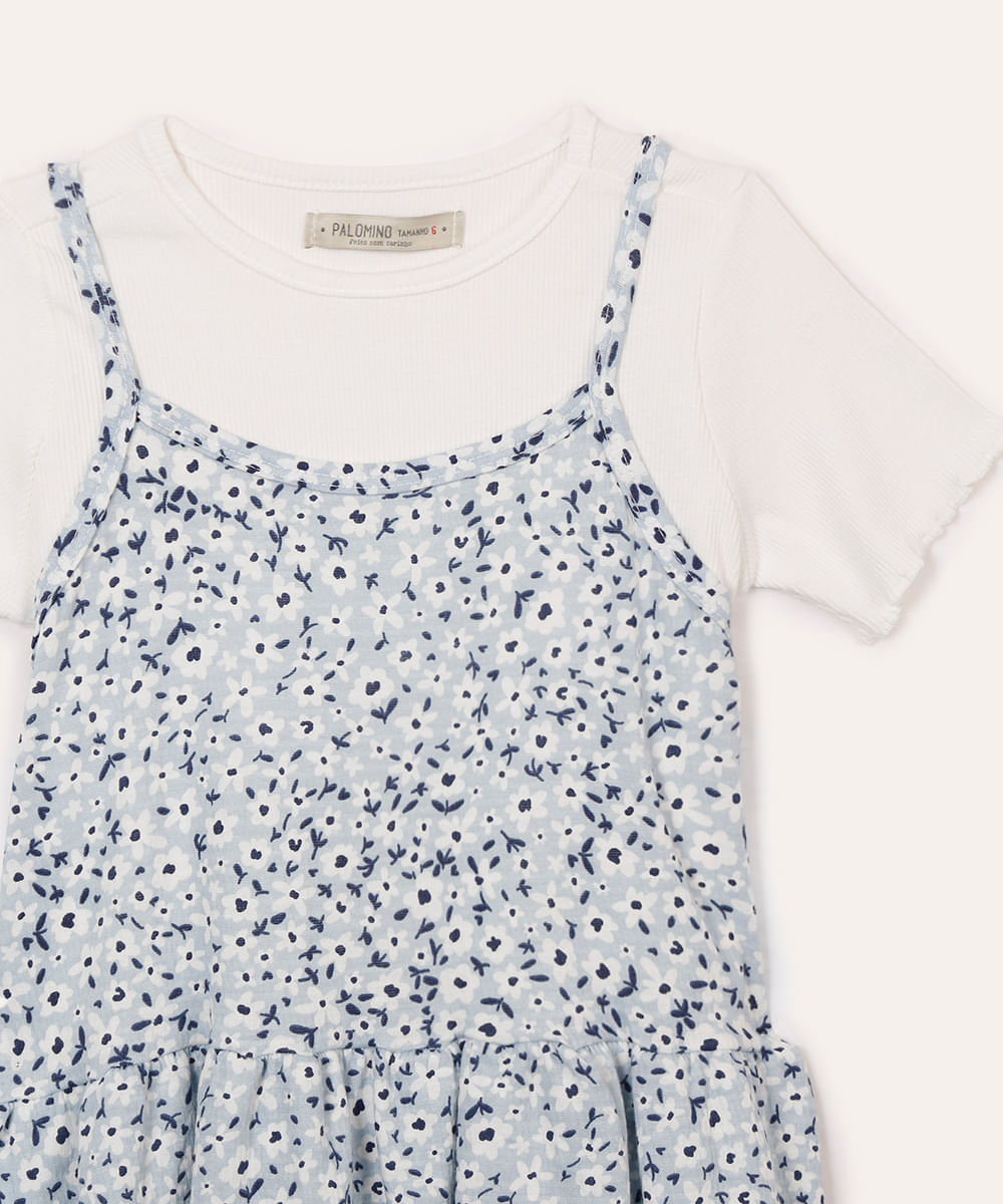 vestido infantil floral com babado e blusa sobreposta azul