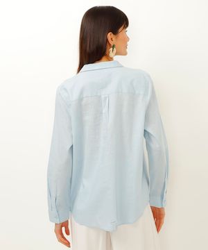 camisa bata com linho manga longa azul