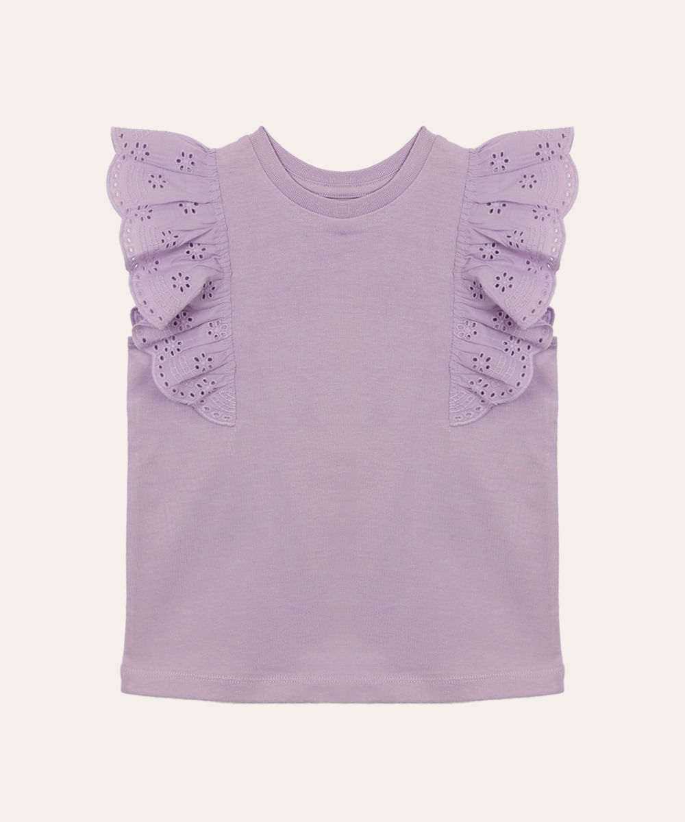 blusa de algodão infantil com babado laise lilás