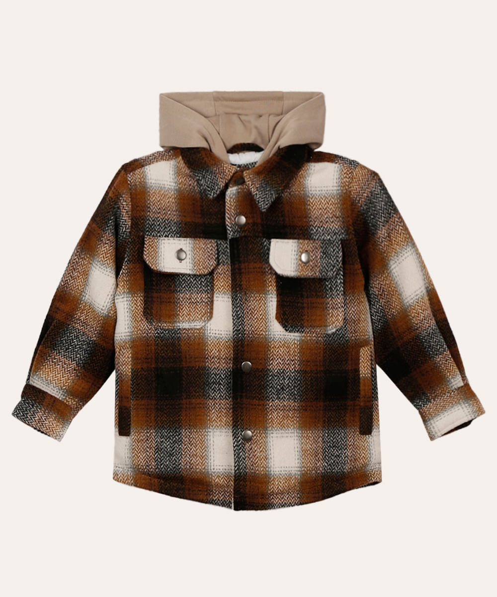 jaqueta flanelada infantil xadrez com capuz bege