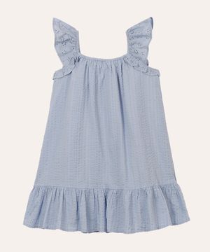 vestido de algodão infantil babado de laise azul