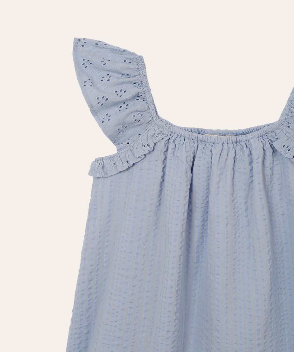 vestido de algodão infantil babado de laise azul