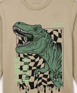 camiseta de algodão infantil dinossauro manga longa bege