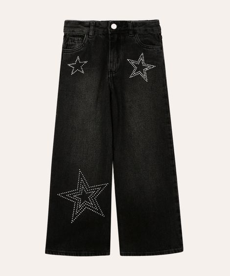 calça jeans wedi leg infantil estrelas preta