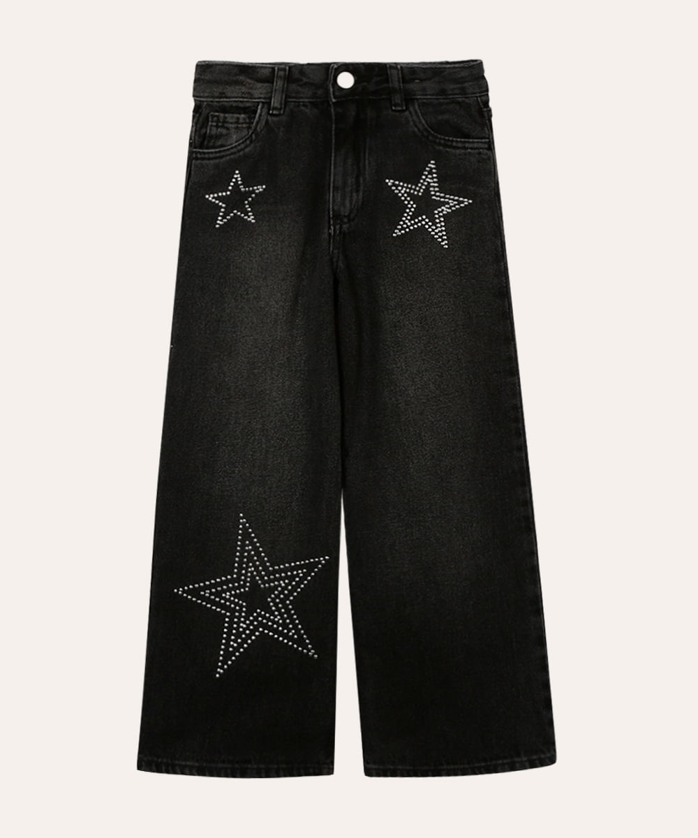 calça jeans wedi leg infantil estrelas preta