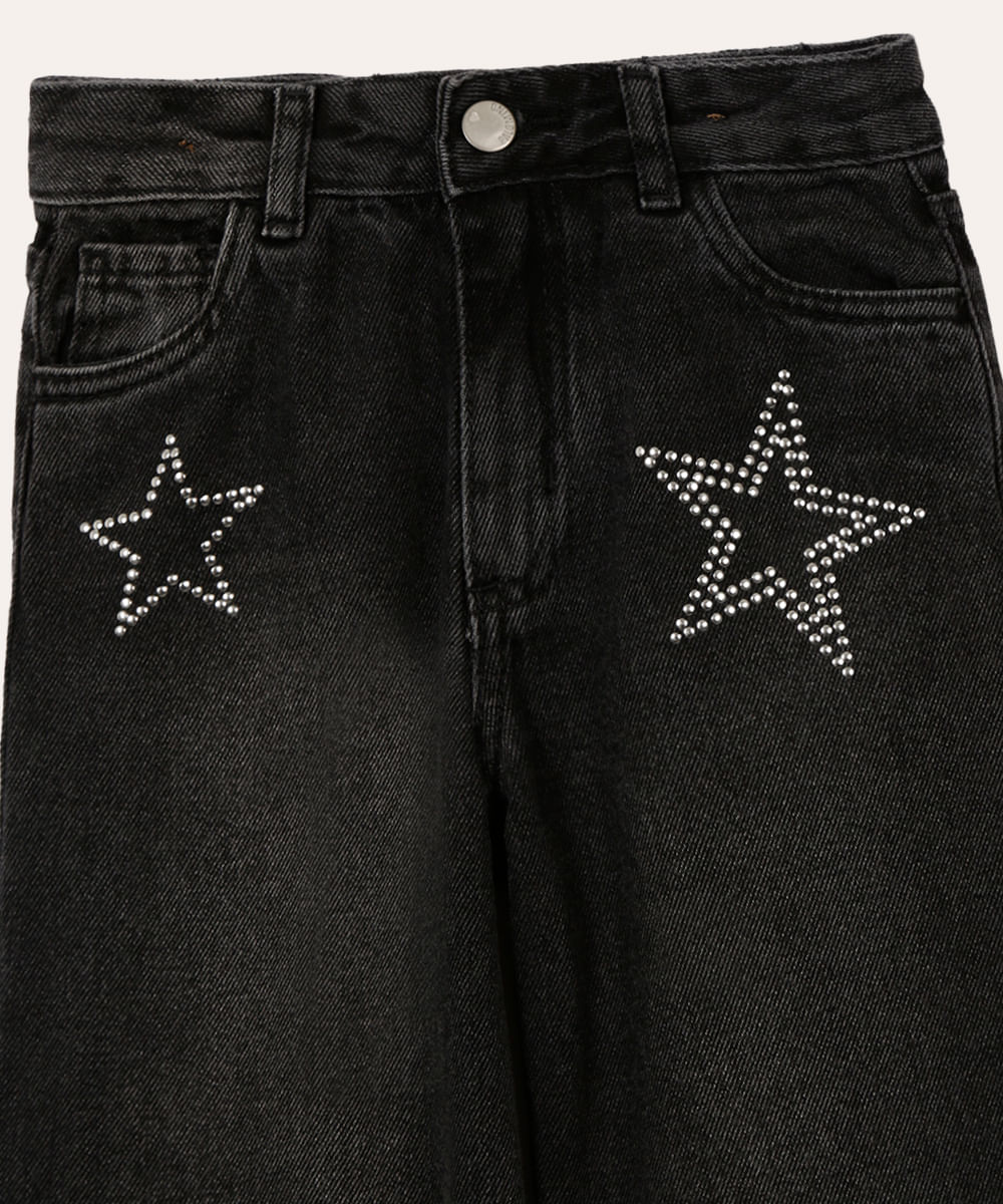 calça jeans wedi leg infantil estrelas preta