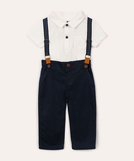 conjunto infantil com polo e suspensório off white