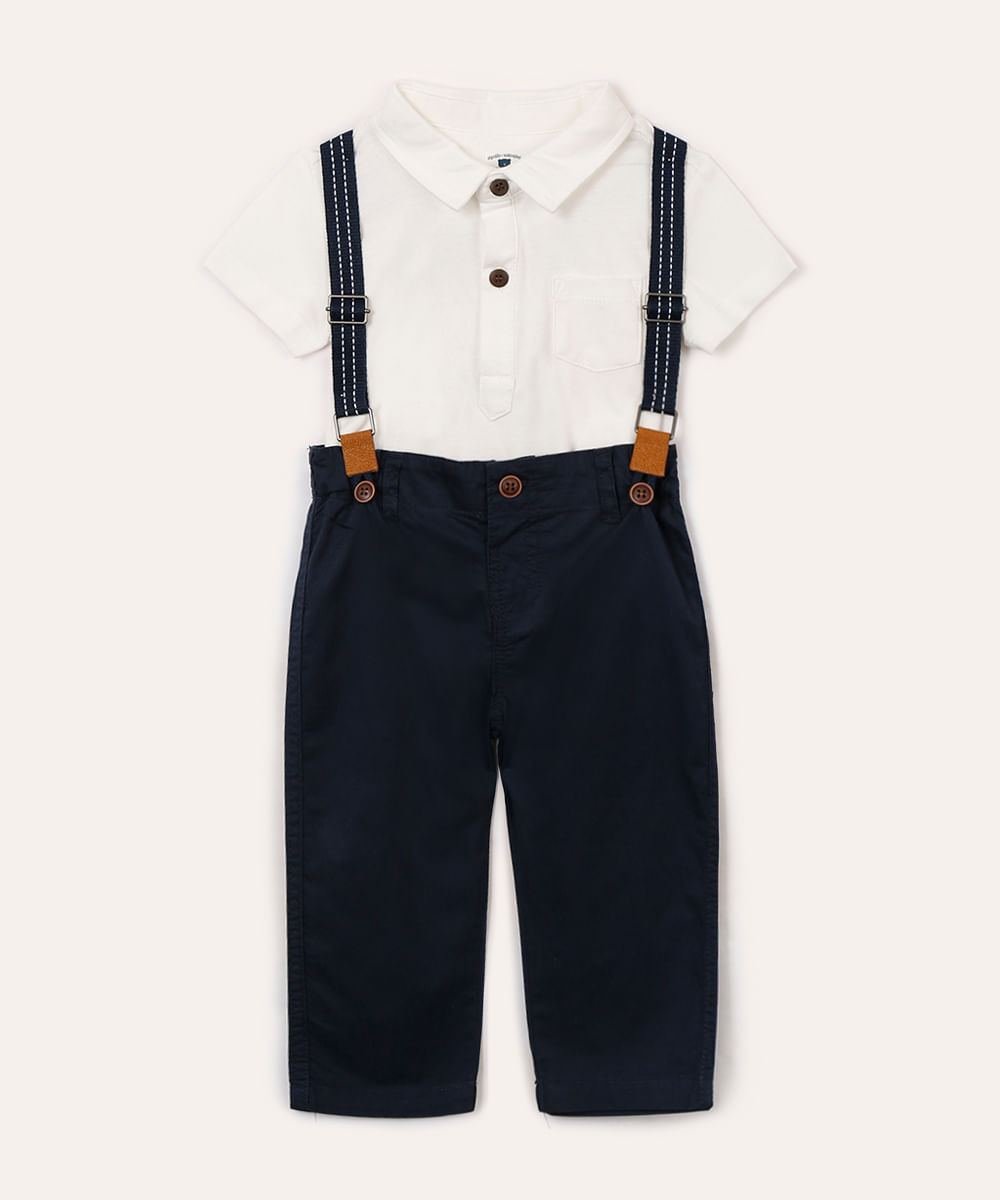 conjunto infantil com polo e suspensório off white