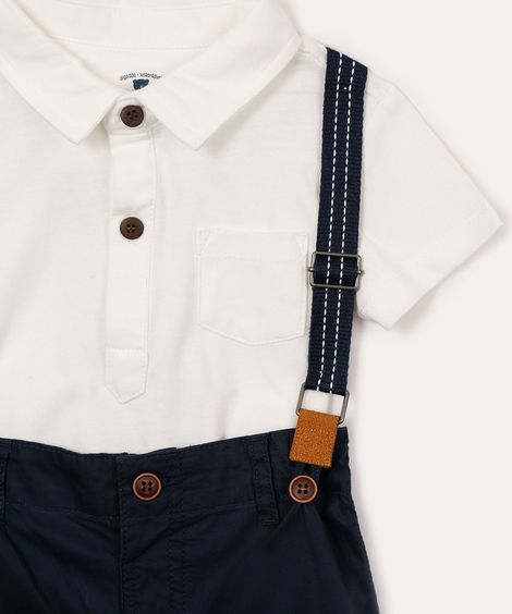 conjunto infantil com polo e suspensório off white