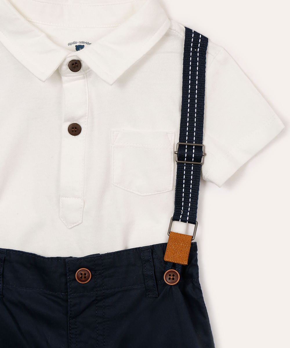 conjunto infantil com polo e suspensório off white