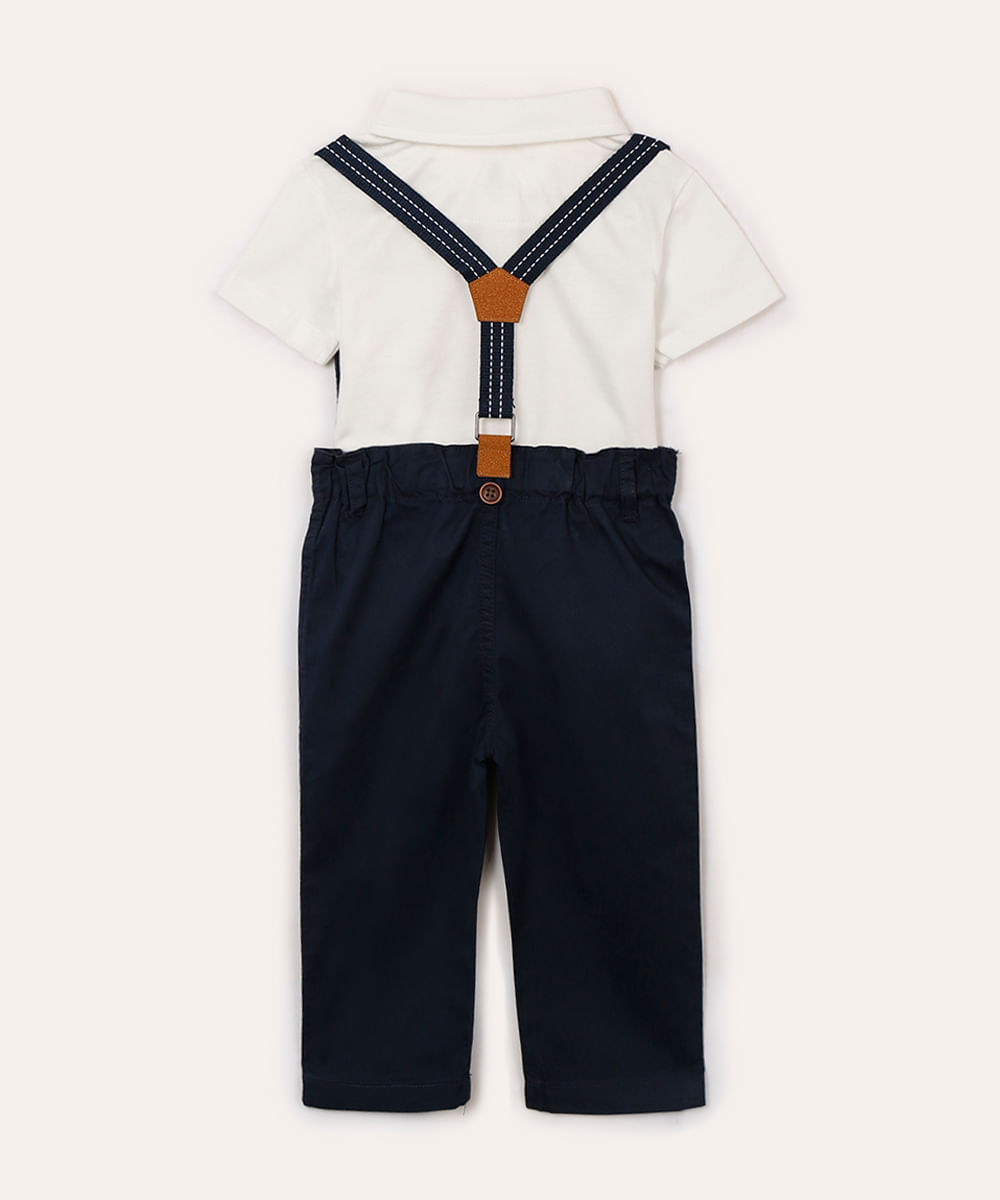 conjunto infantil com polo e suspensório off white