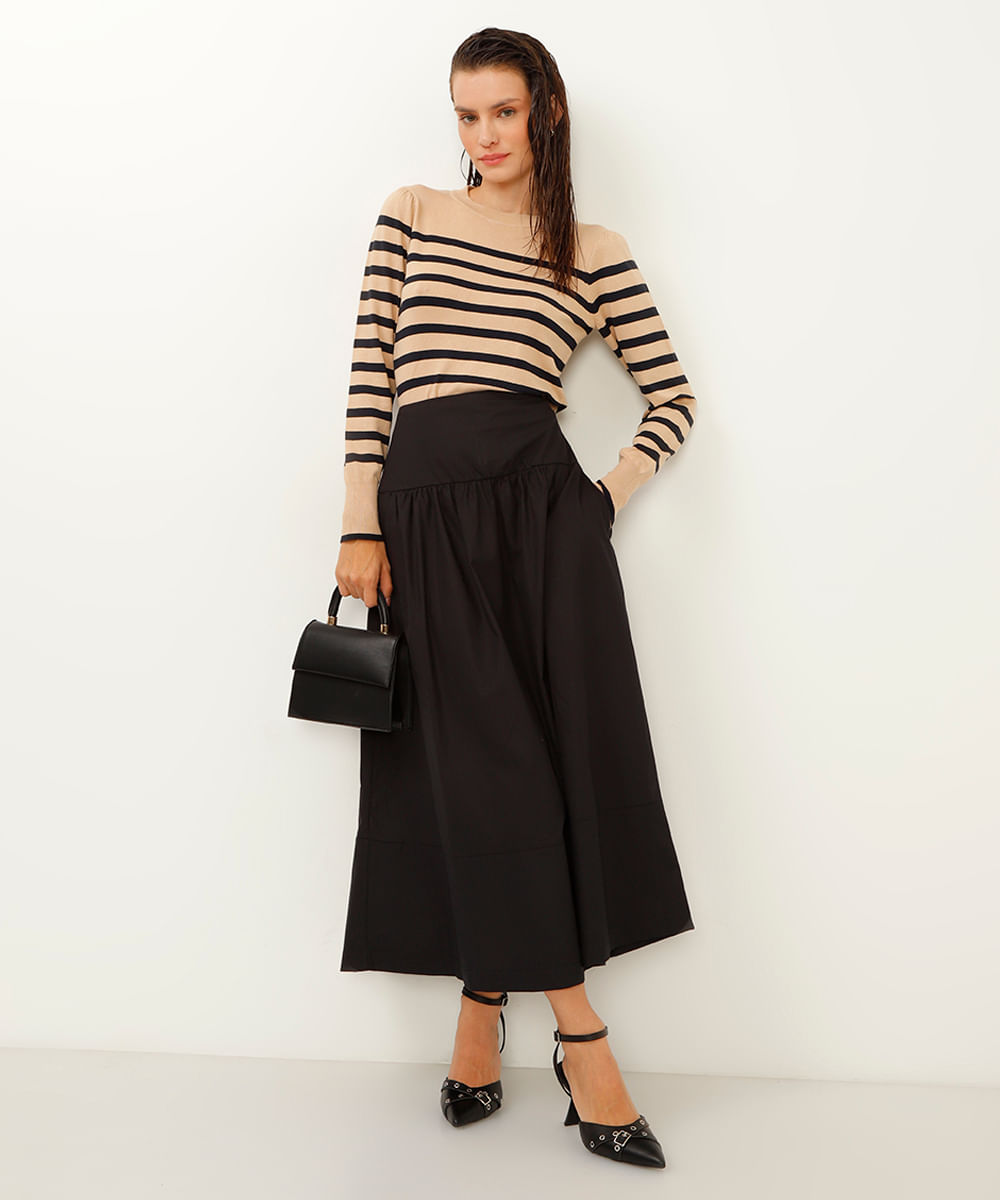 saia midi com bolsos preto