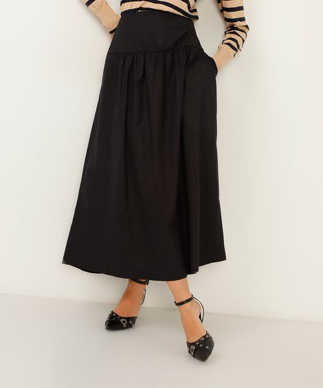 saia midi com bolsos preto