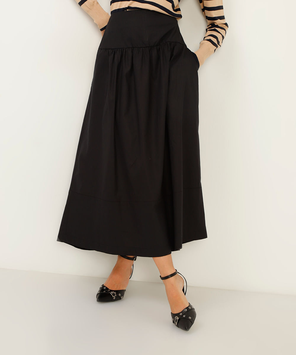 saia midi com bolsos preto