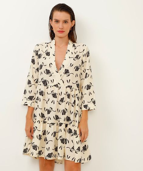 vestido de viscose decote V floral bege