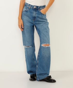 calça jeans wide leg slim rasgos cintura super alta azul escuro