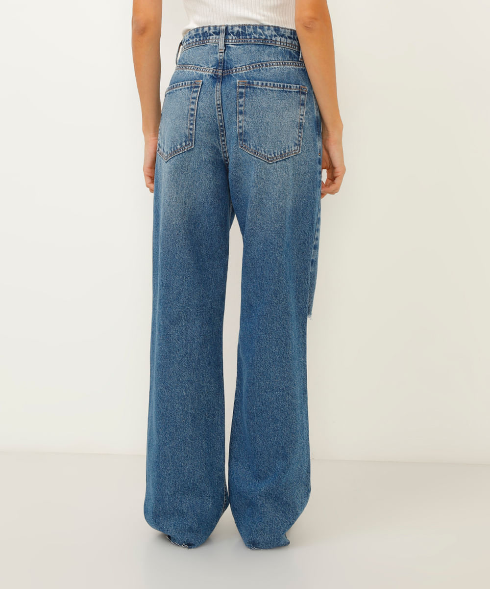 calça jeans wide leg slim rasgos cintura super alta azul escuro