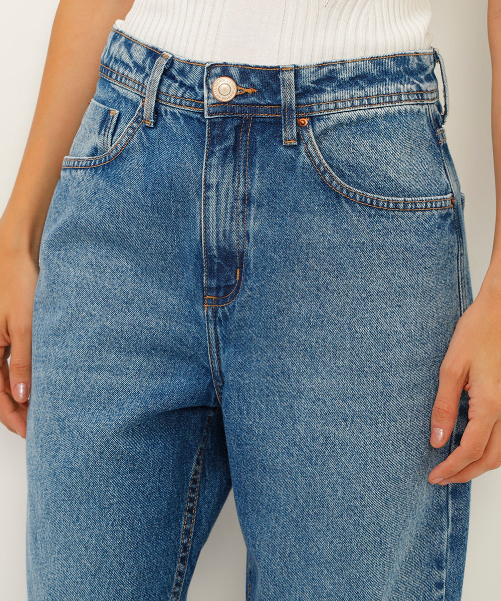 calça jeans wide leg slim rasgos cintura super alta azul escuro