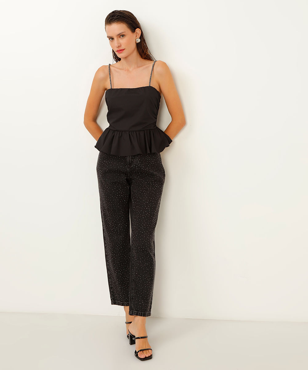 regata com babado alça fina de strass preta