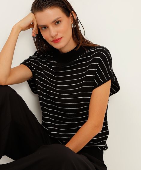 blusa de tricot muscle tee gola alta listrada preto