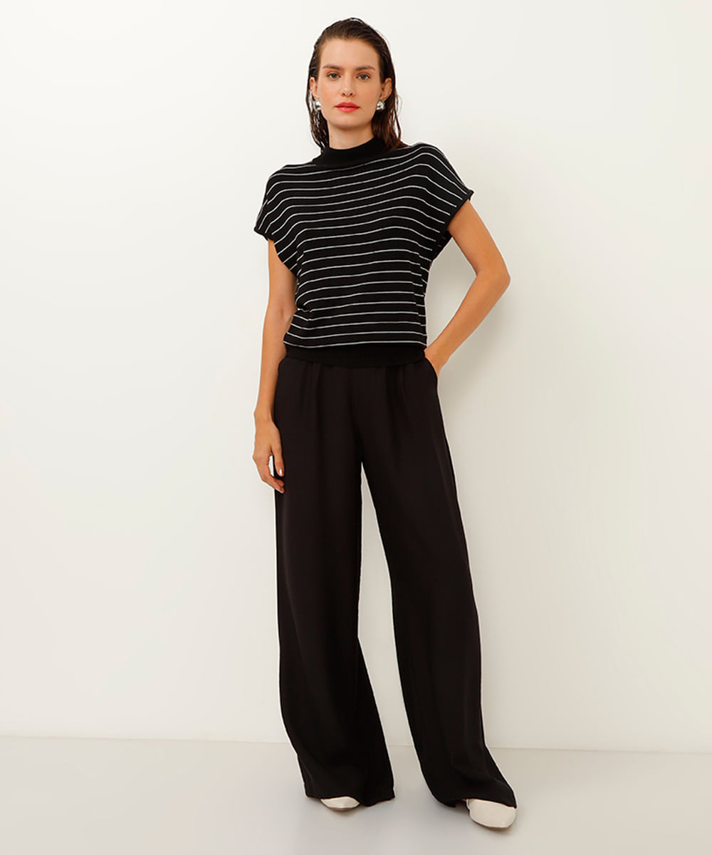 blusa de tricot muscle tee gola alta listrada preto
