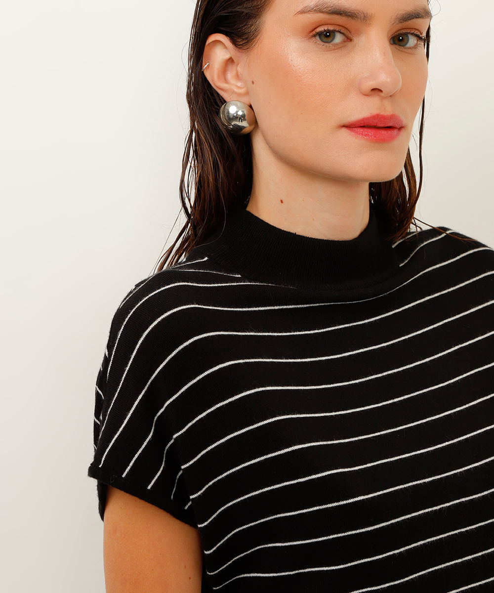 blusa de tricot muscle tee gola alta listrada preto