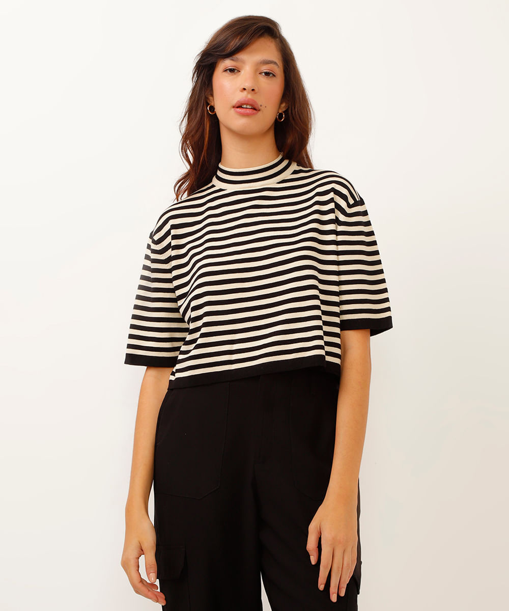 blusa de tricot cropped listrada preta