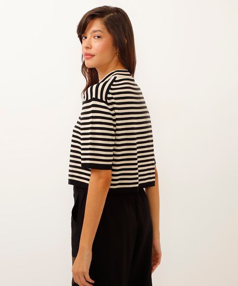 blusa de tricot cropped listrada preta