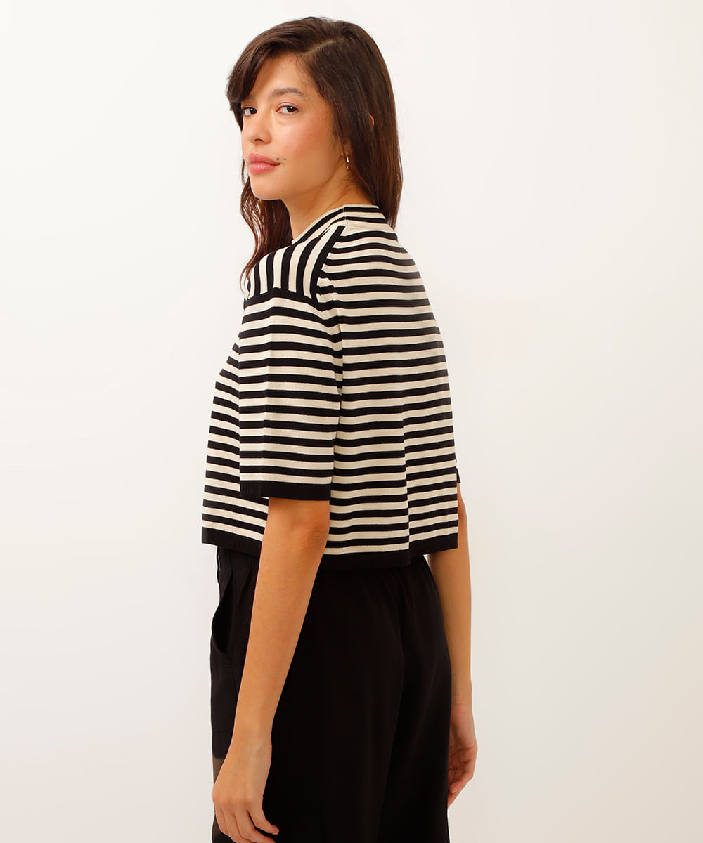 blusa de tricot cropped listrada preta