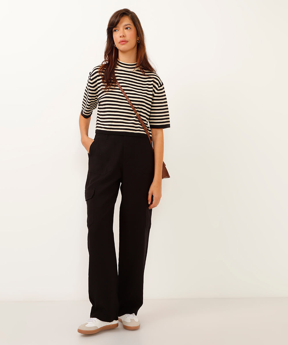 blusa de tricot cropped listrada preta