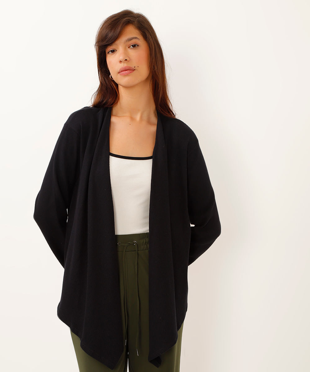 cardigan de algodão sem botão texturizado preto