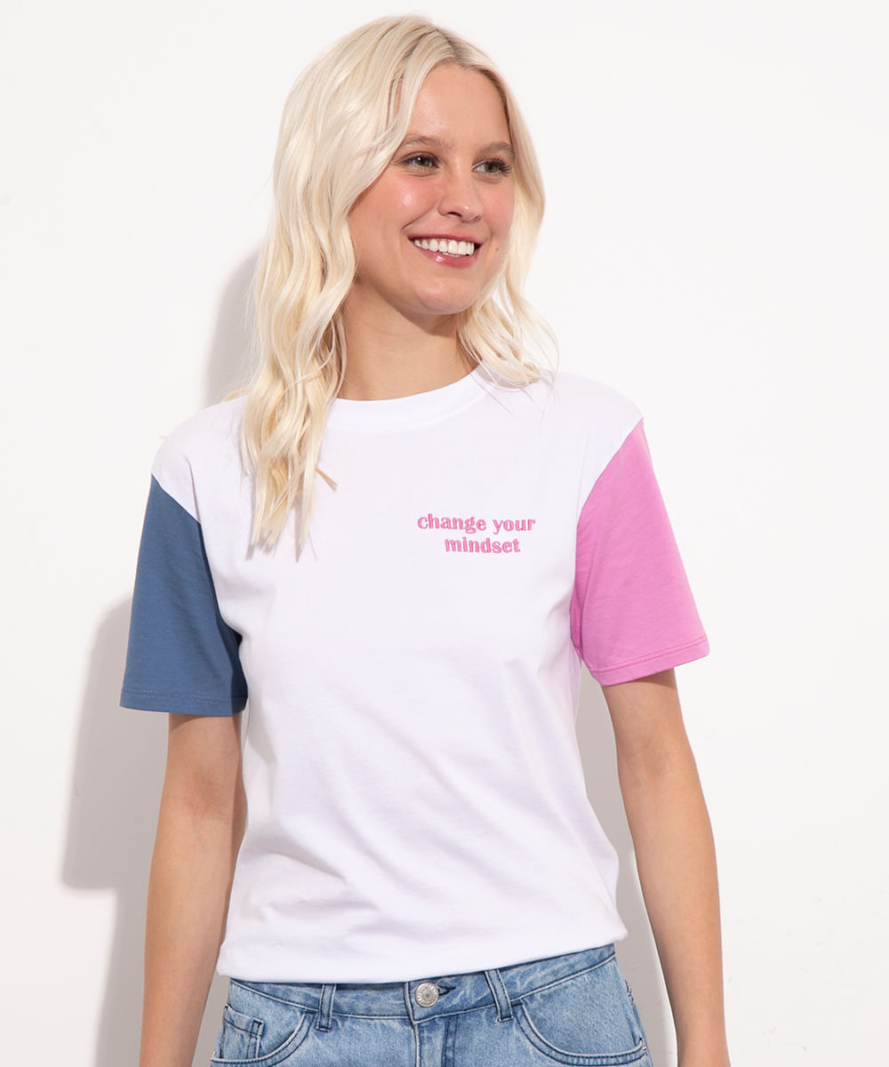 camiseta de algodão manga curta change mindset off white