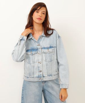 jaqueta jeans com bolso lapela azul