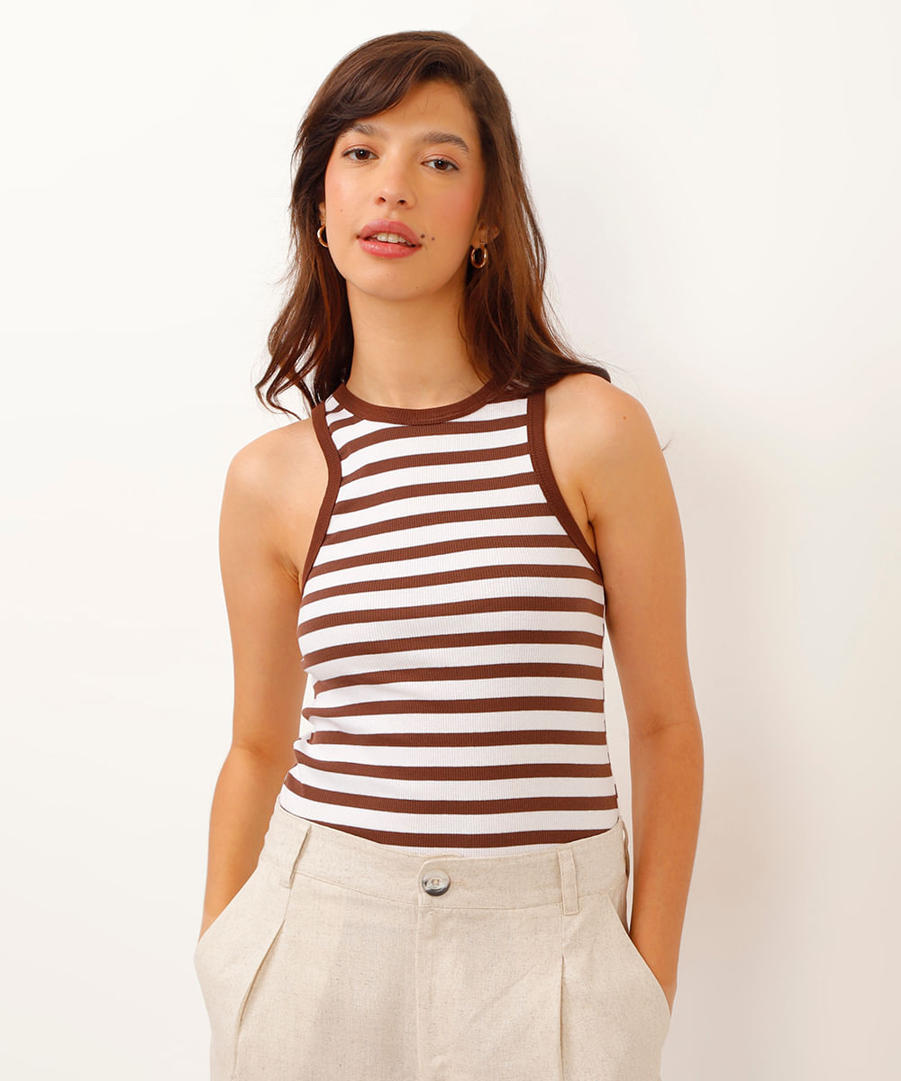 regata de algodão cropped halterneck listrada marrom