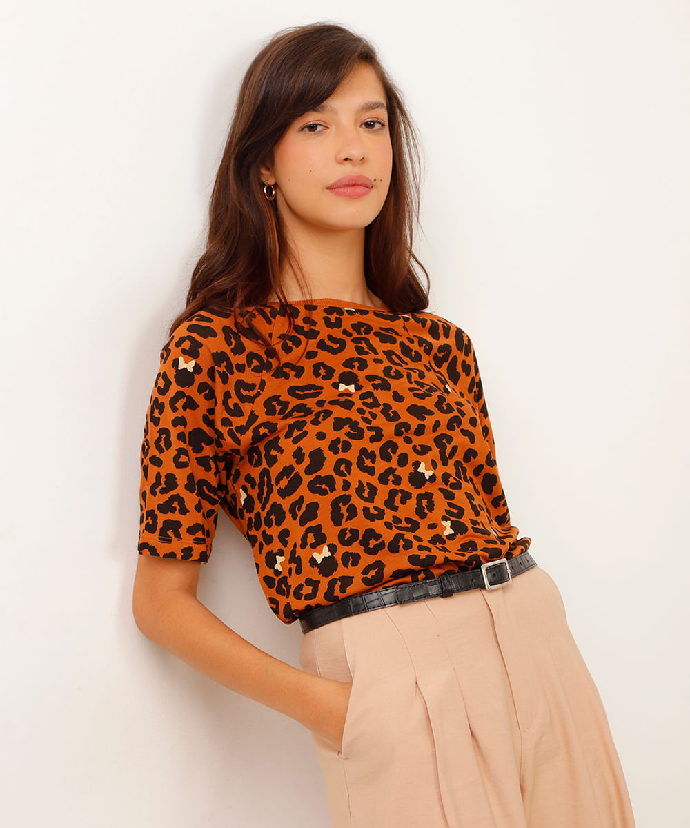 camiseta de viscose manga raglan minnie animal print bege