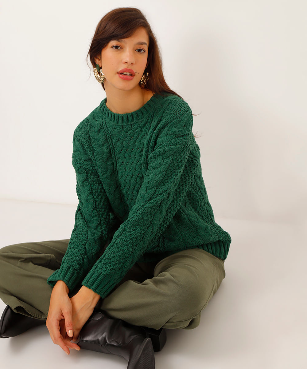 suéter de tricot chenille manga longa verde