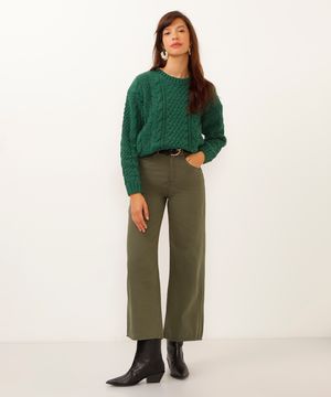 calça wide leg cropped de sarja cintura super alta verde