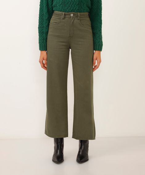 calça wide leg cropped de sarja cintura super alta verde