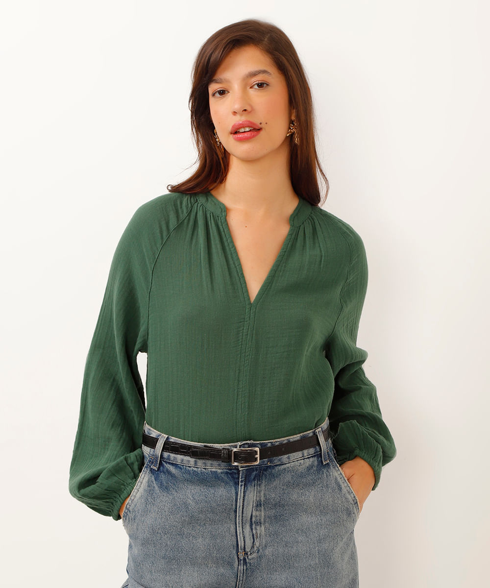 blusa bata de algodão decote v manga longa verde